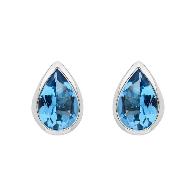 9ct White Gold Blue Topaz 6x4mm Pear Rub Over Stud Earrings sold by Jura Watches