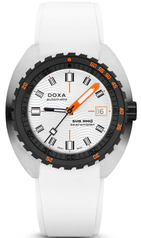 Doxa SUB 300 Beta Ceramic Steel Searambler Rubber White Watch made by Jura Watches