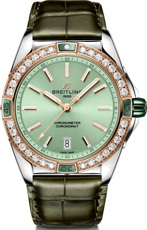 Breitling Super Chronomat Automatic 38 Mint Green Alligator Watch made by Breitling