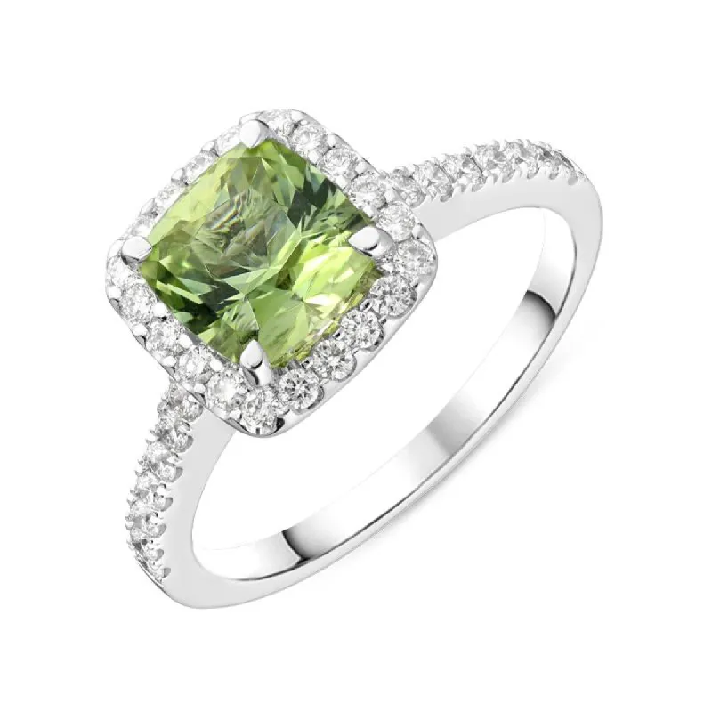 18ct White Gold 1.84ct Green Tourmaline and Diamond Halo Ring sold by Jura Watches
