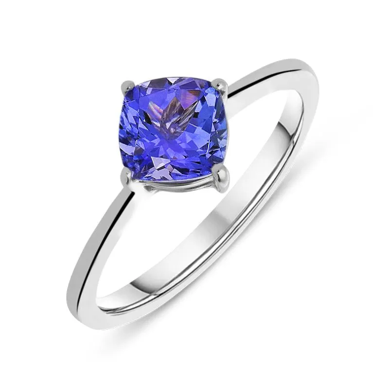 18ct White Gold 1.00ct Tanzanite Cushion Cut Solitaire Ring sold by Jura Watches