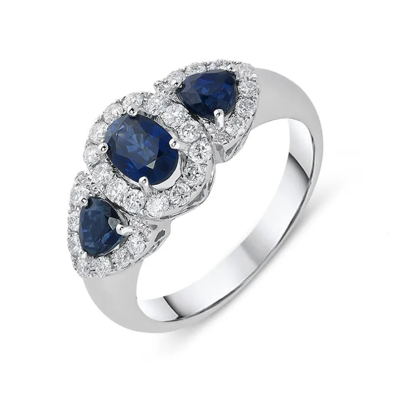 18ct White Gold 1.30ct Sapphire Diamond Cluster Trilogy Ring sold by Jura Watches