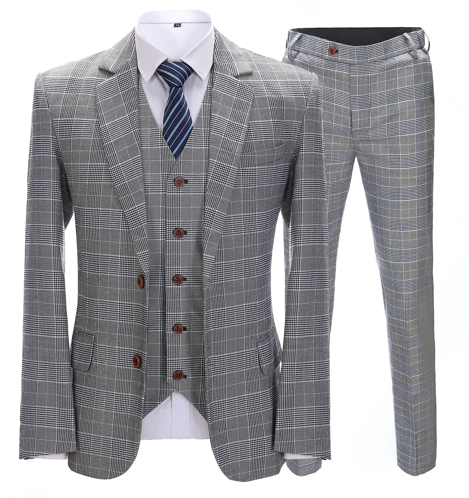 Mens Business 3 Pieces Suit Formal Grey Plaid Notch Lapel Suit (Blazer+Vest+Pants) sold by Mens Event Wear