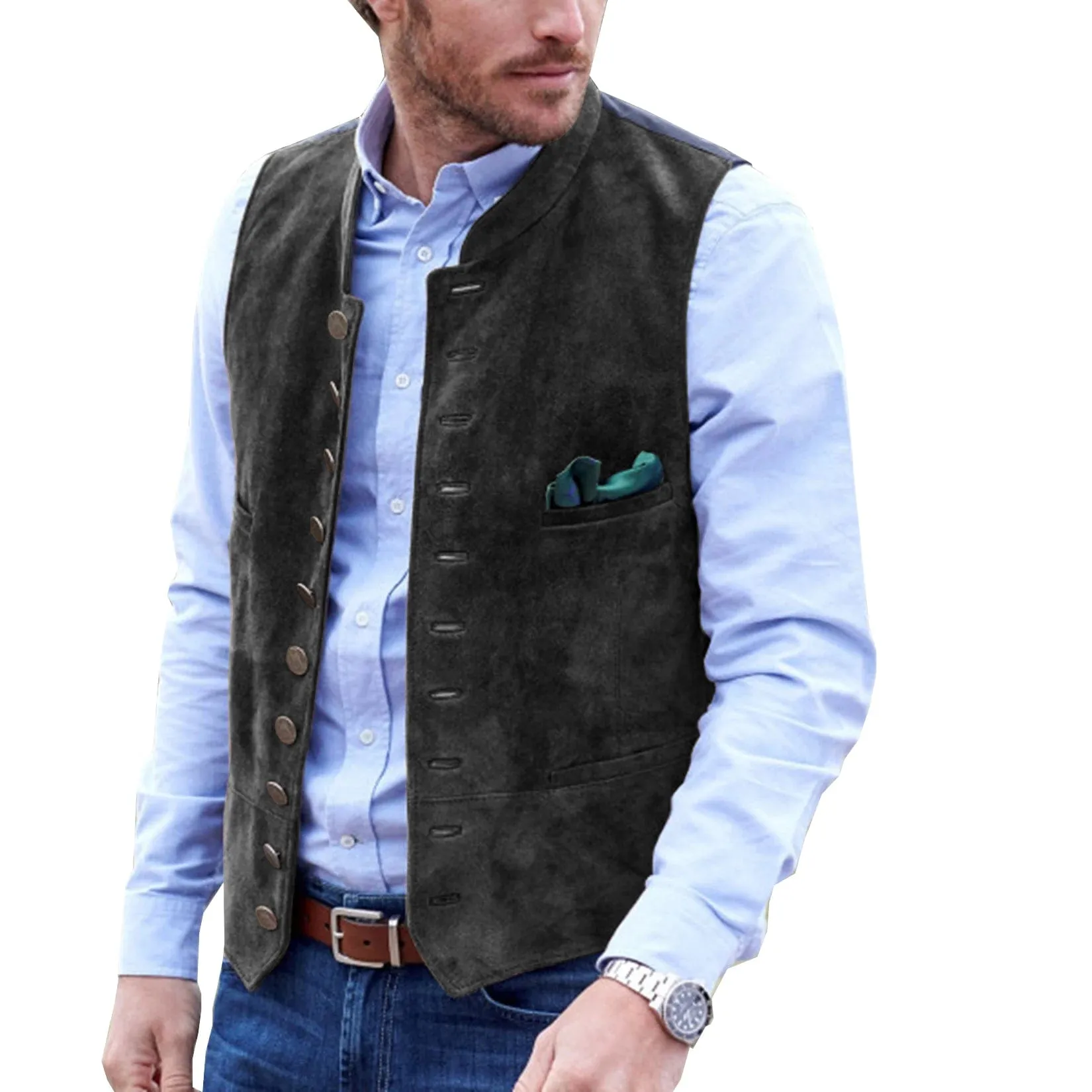 Menseventwear Casual Men's Classic Suede Stand Collar Waistcoat Denim Jacket sold by Mens Event Wear product image thumbnail 5