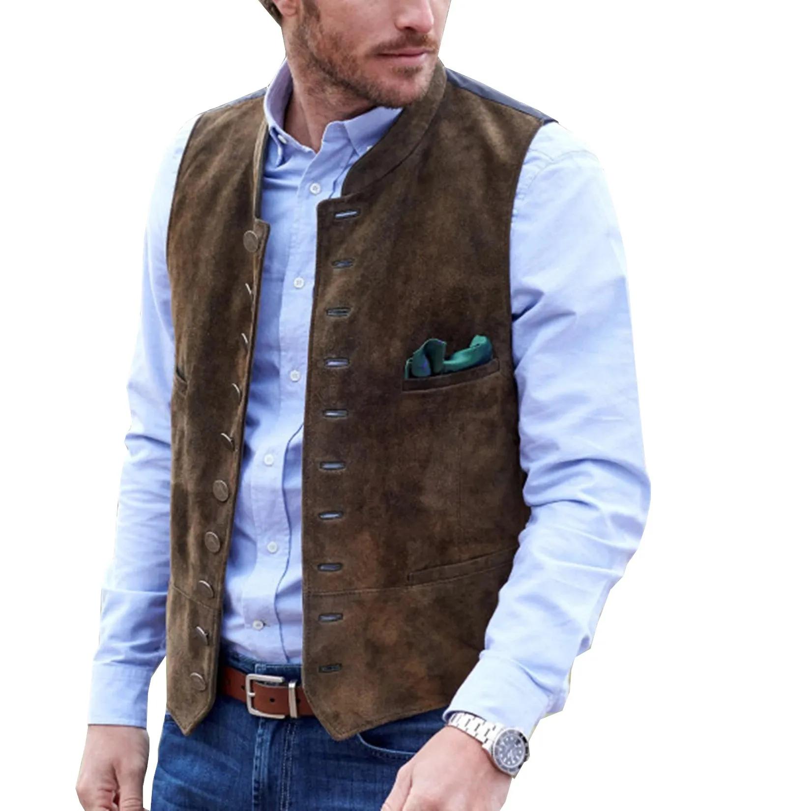 Menseventwear Casual Men's Classic Suede Stand Collar Waistcoat Denim Jacket sold by Mens Event Wear