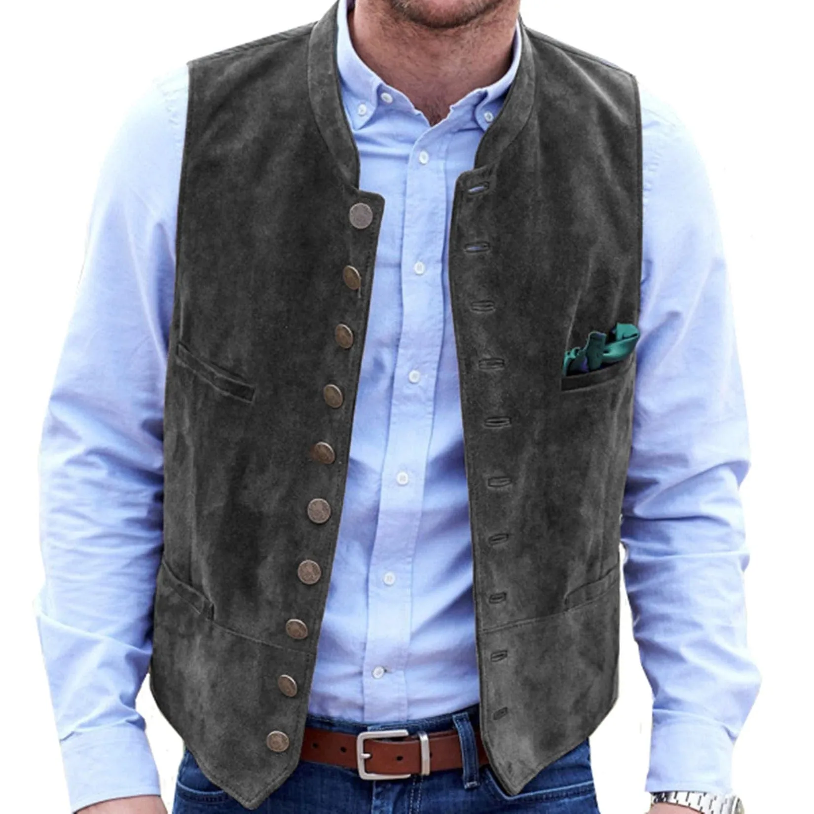 Menseventwear Casual Men's Classic Suede Stand Collar Waistcoat Denim Jacket sold by Mens Event Wear product image thumbnail 3