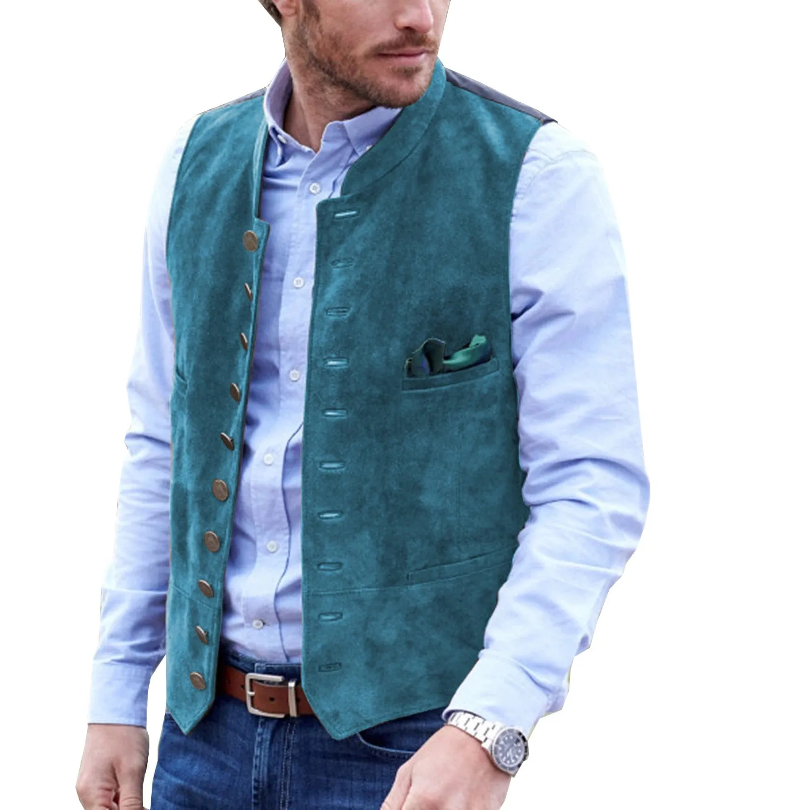 Menseventwear Casual Men's Classic Suede Stand Collar Waistcoat Denim Jacket sold by Mens Event Wear product image thumbnail 4