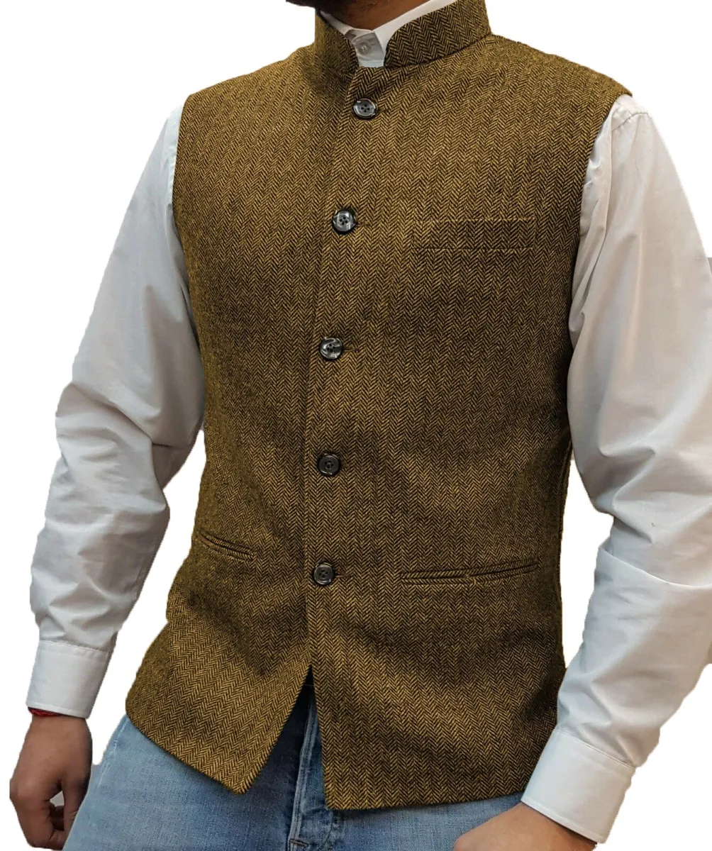 Casual Men's Slim Fit herringbone Stand Collar Waistcoat sold by Mens Event Wear