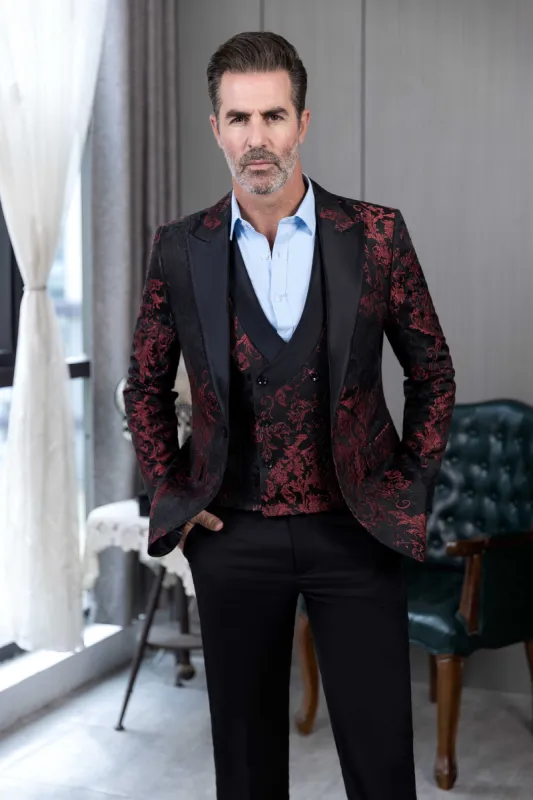 Fashion 3 Pieces Mens Patterned Suit Flat Peak Lapel Tuxedos（Blazer+Vest+Pants） sold by Mens Event Wear
