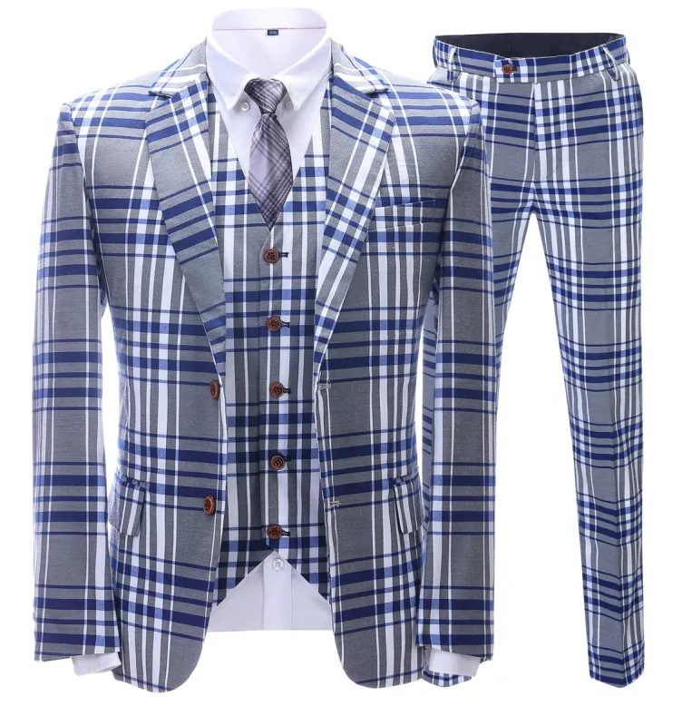 Men's Business 3 Pieces Formal Grey Plaid Notch Lapel Suit (Blazer+vest+Pants) sold by Mens Event Wear
