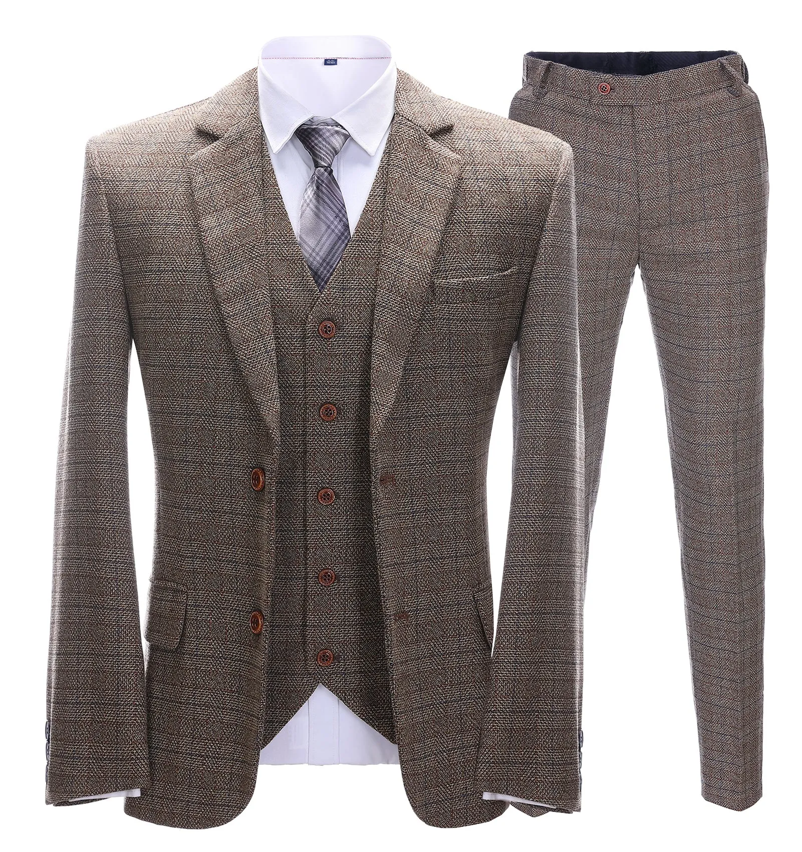 Men's Business 3 Pieces Formal Brown Tweed Notch Lapel Suit (Blazer+vest+Pants) sold by Mens Event Wear