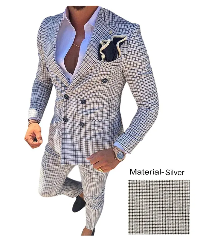 Men's Plaid 2 Piece Double Breasted Houndstooth Peak lapel Tuxedos (Blazer+Pants) sold by Mens Event Wear