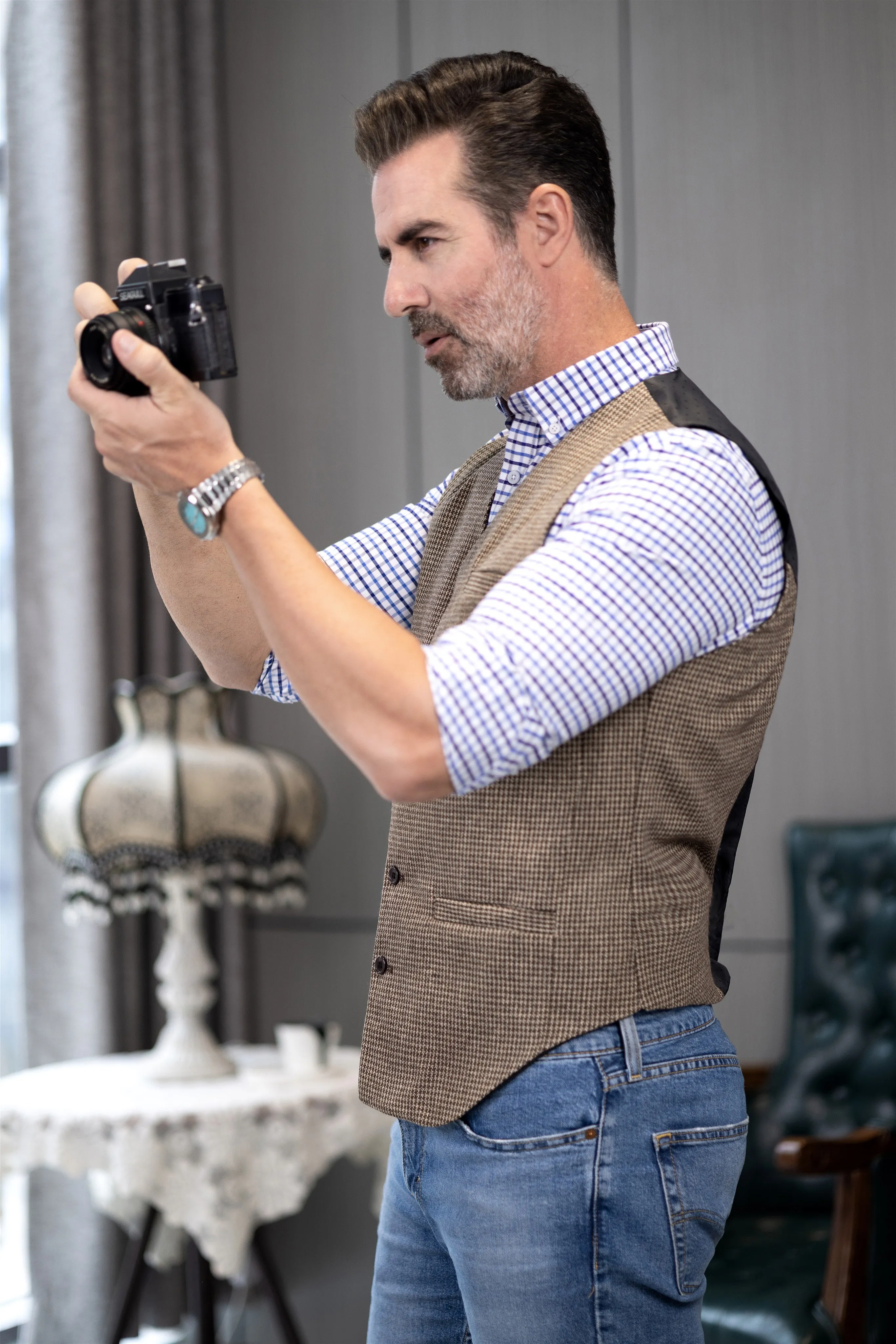 Fashion Casual Men's Slim Fit Tweed Houndstooth V Neck Waistcoat sold by Mens Event Wear product image thumbnail 4