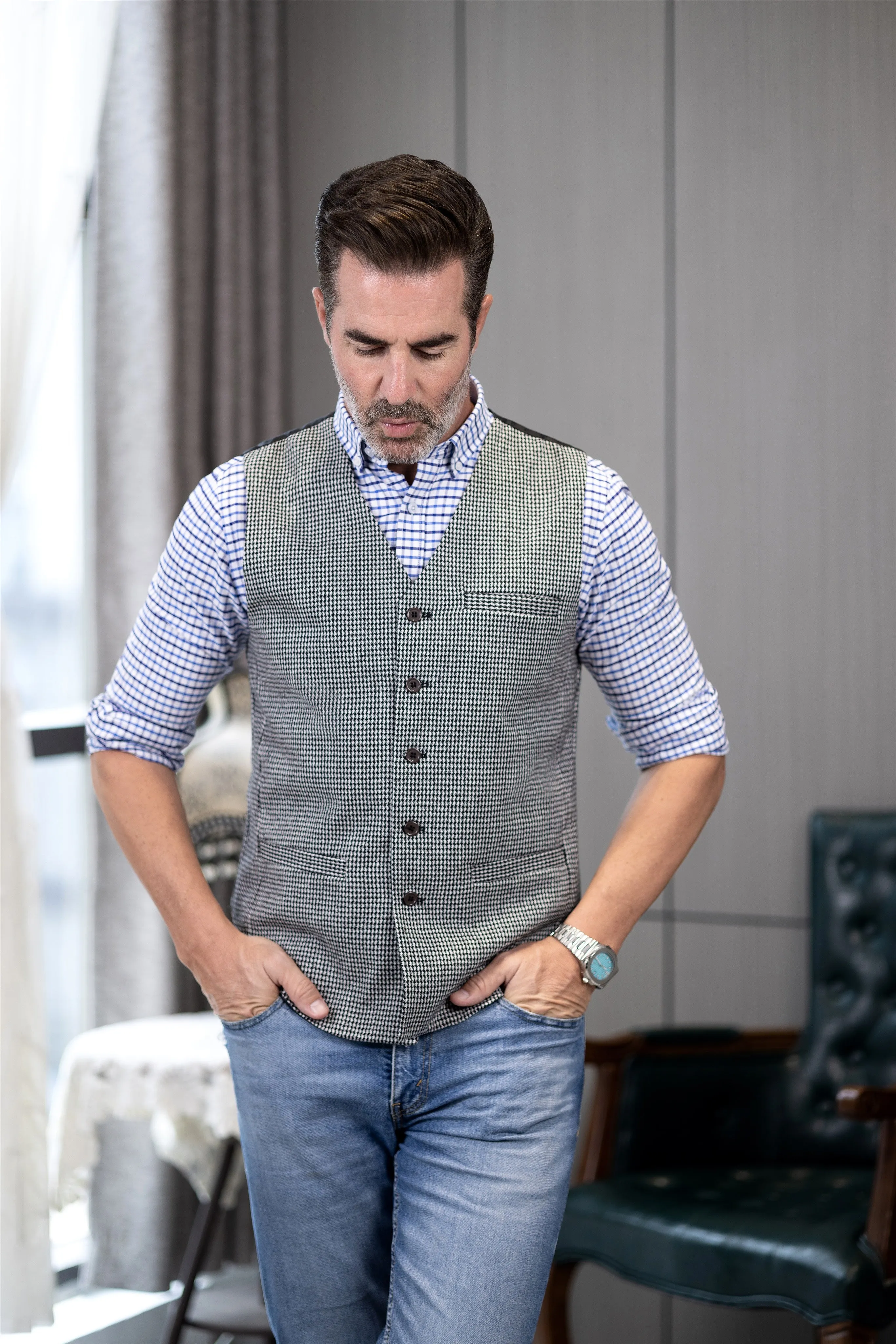 Fashion Casual Men's Slim Fit Tweed Houndstooth V Neck Waistcoat sold by Mens Event Wear product image thumbnail 5