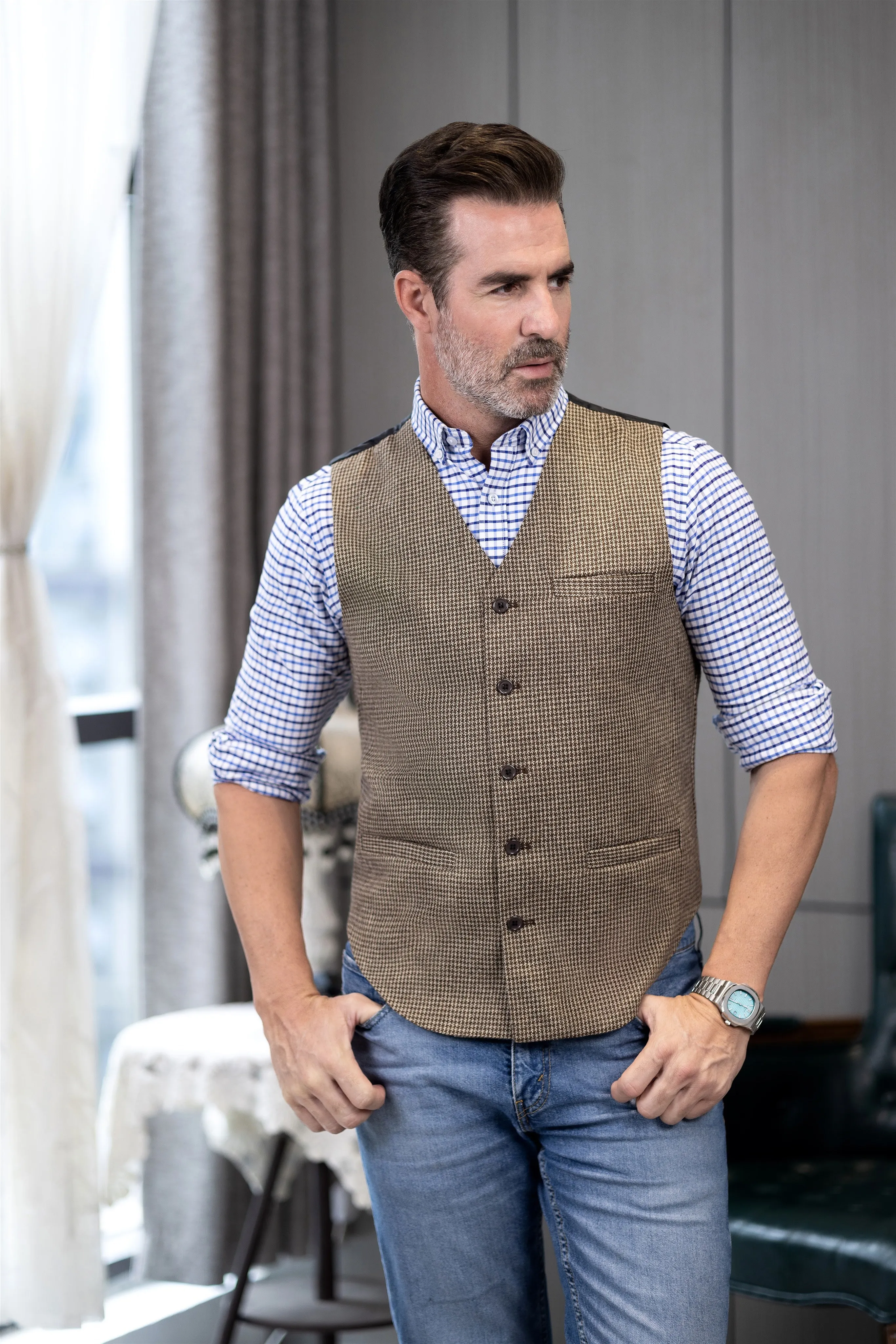 Fashion Casual Men's Slim Fit Tweed Houndstooth V Neck Waistcoat sold by Mens Event Wear