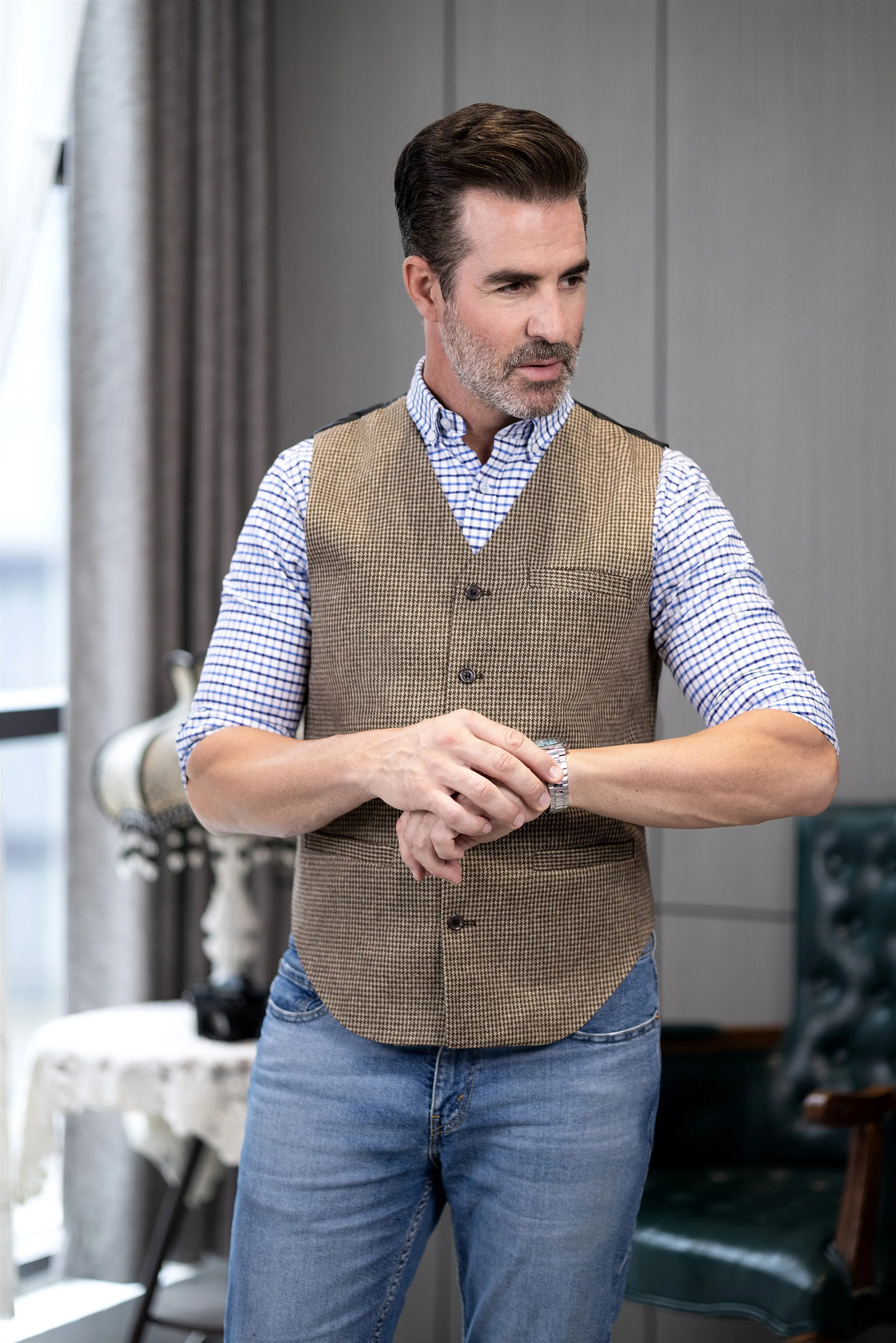 Fashion Casual Men's Slim Fit Tweed Houndstooth V Neck Waistcoat sold by Mens Event Wear product image thumbnail 3