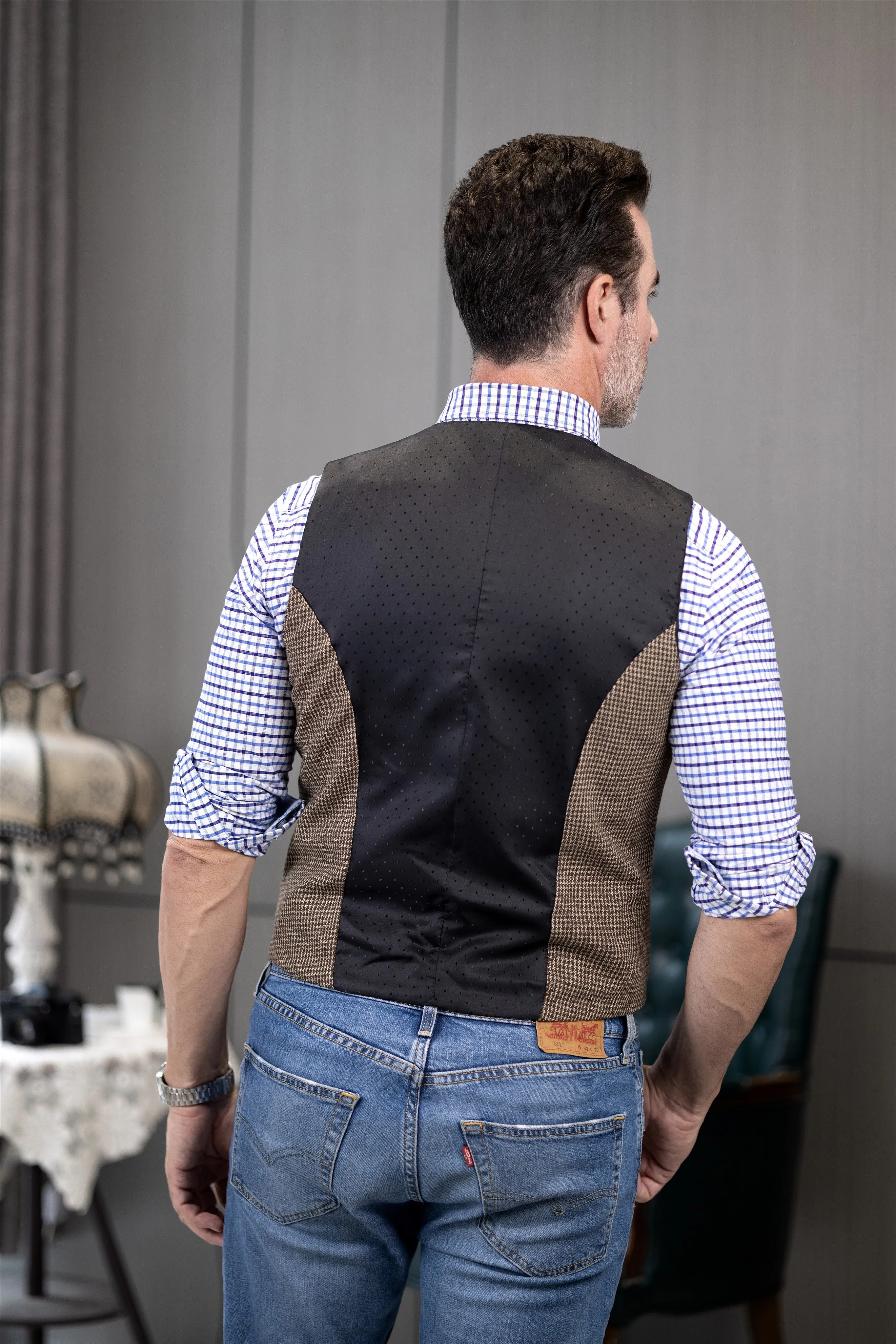 Fashion Casual Men's Slim Fit Tweed Houndstooth V Neck Waistcoat sold by Mens Event Wear product image thumbnail 2