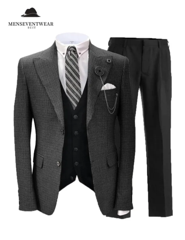 Menseventwear Men's 3 Pieces Slim Fit Houndstooth Peak Lapel Tuxedos (Blazer+vest+Pants) made by Mens Event Wear