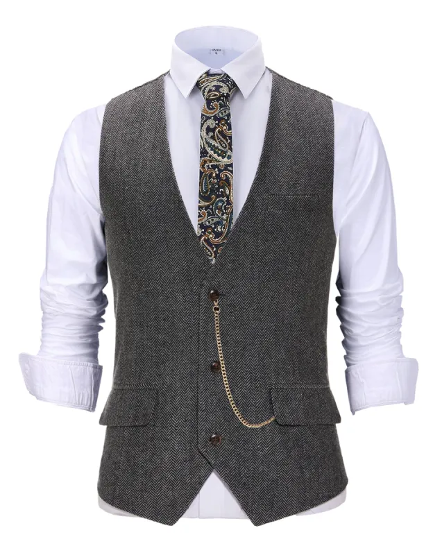 Vintage Classical Men's Slim Fit Herringbone V Neck Waistcoat sold by Mens Event Wear