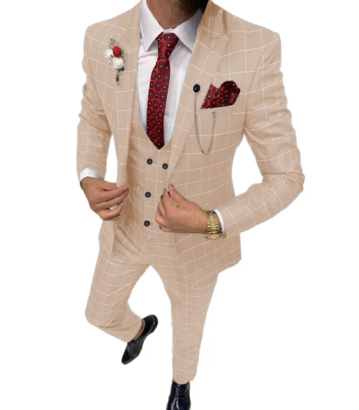 Formal Mens Suit 3 Pieces Business Plaid Solid Peak Lapel Tuxedos (Blazer+Vest+Pants) sold by Mens Event Wear
