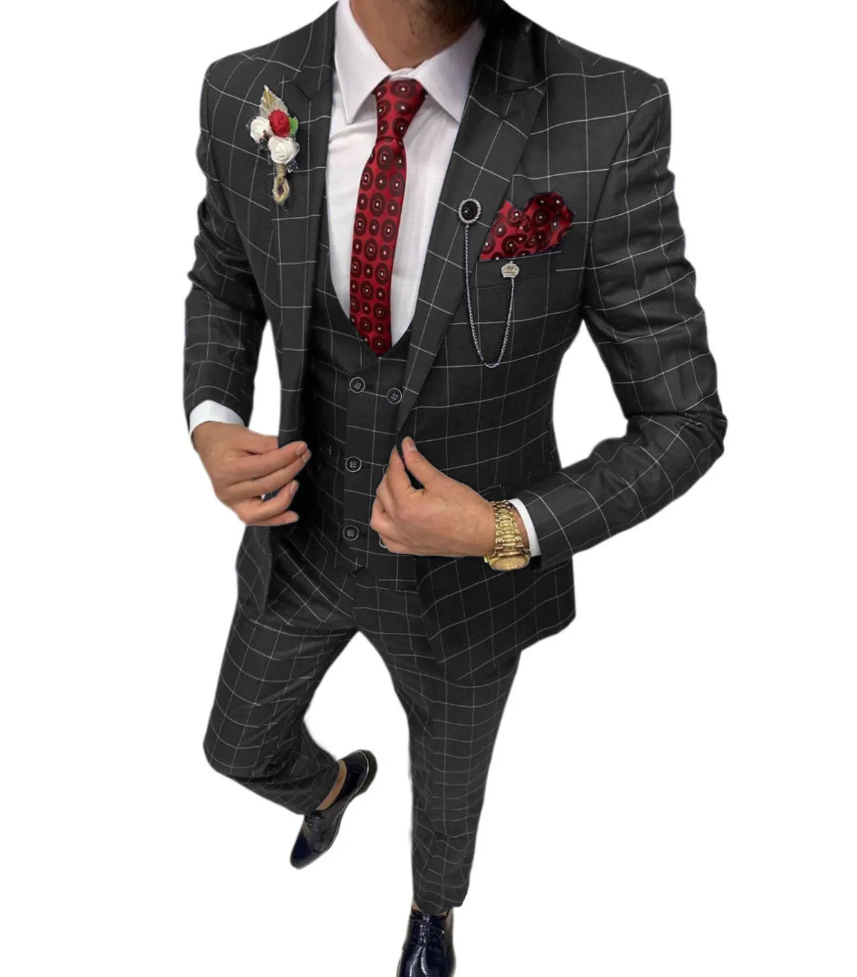 Menseventwear Formal Mens Suit 3 Pieces Business Plaid Solid Peak Lapel Tuxedos (Blazer+Vest+Pants) sold by Mens Event Wear product image thumbnail 2