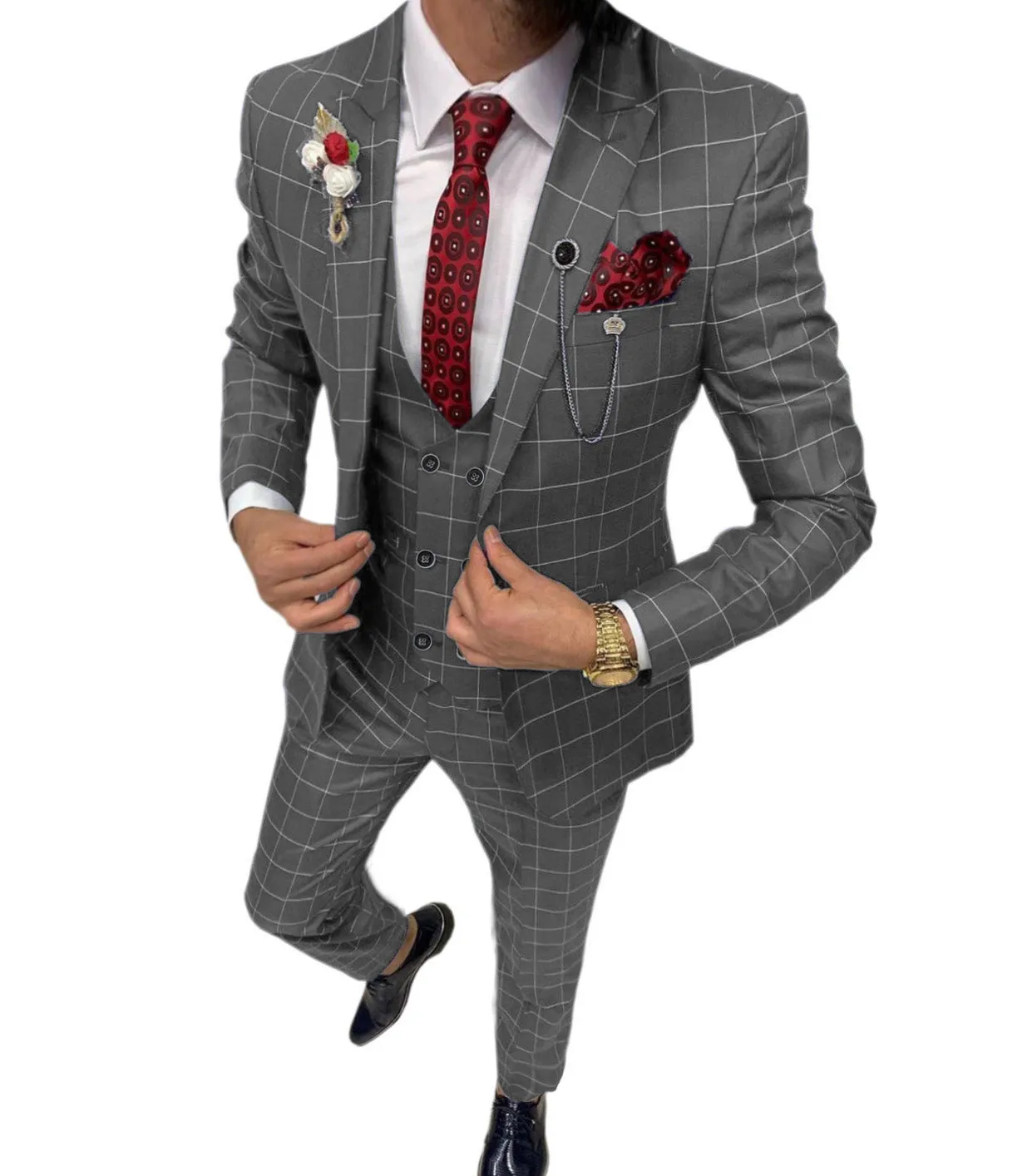 Menseventwear Formal Mens Suit 3 Pieces Business Plaid Solid Peak Lapel Tuxedos (Blazer+Vest+Pants) sold by Mens Event Wear product image thumbnail 5