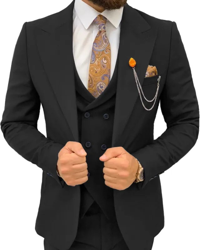 3 Pieces Mens Suit Slim Fit Flat Peak Lapel Double Breasted Tuxedos Groomsmen (Blazer+vest+Pants) sold by Mens Event Wear