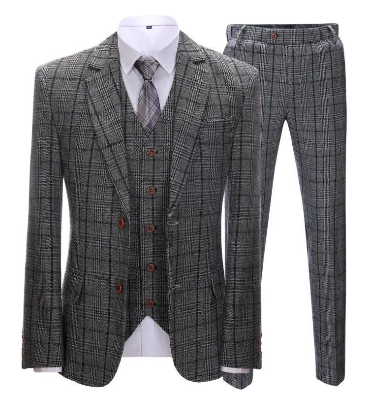 Men's Business 3 Pieces Formal Dark Grey Plaid Tweed Notch Lapel Suit (Blazer+vest+Pants) sold by Mens Event Wear