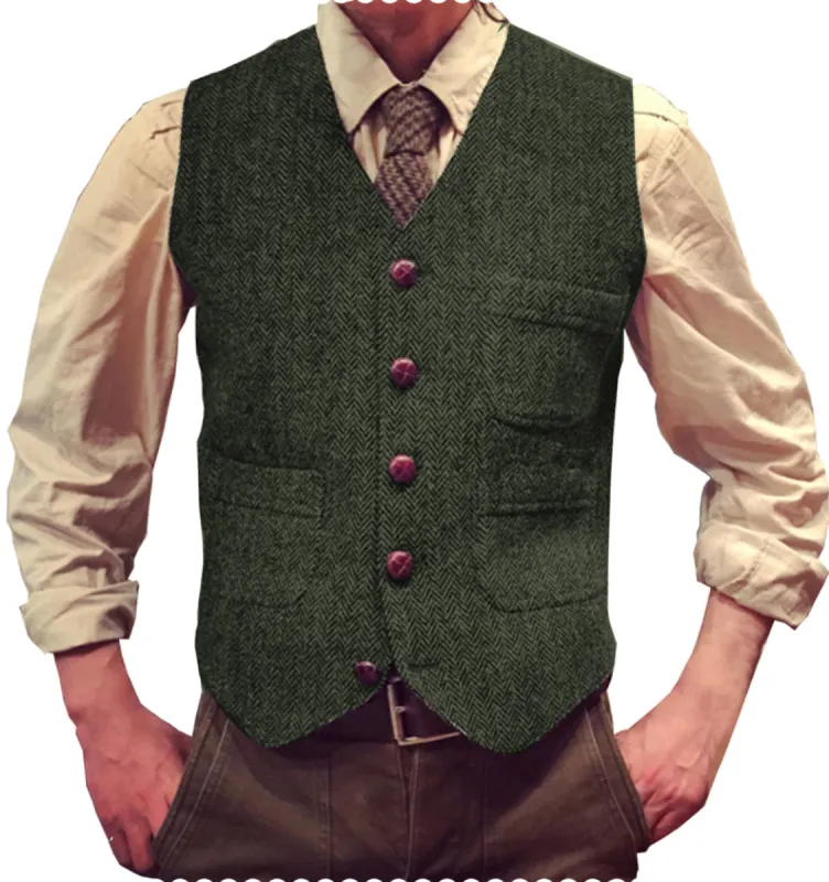 Menseventwear Casual Men's Classic Slim Fit Tweed Herringbone V Neck Waistcoat sold by Mens Event Wear