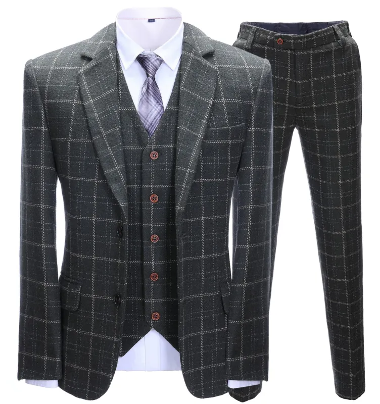 Formal Men's Business 3 Pieces Black Plaid Tweed Notch Lapel Suit (Blazer+vest+Pants) sold by Mens Event Wear