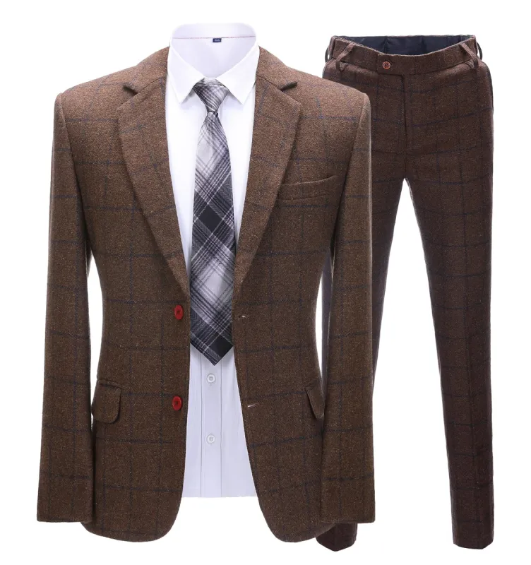 Men's 2 Pieces Formal Coffee Plaid Notch Lapel Tuxedos for Wedding(Blazer+Pants) sold by Mens Event Wear
