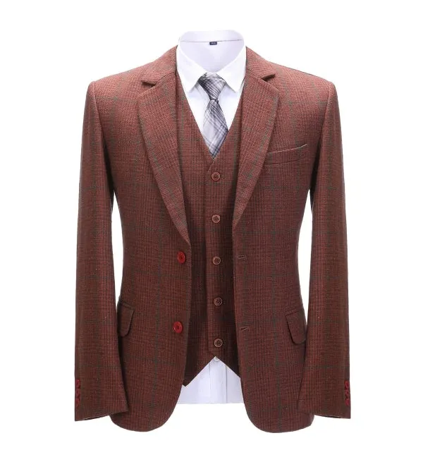 Men's Business 3 Pieces Formal Burgundy Plaid Tweed Notch Lapel Suit (Blazer+vest+Pants) sold by Mens Event Wear product image thumbnail 3