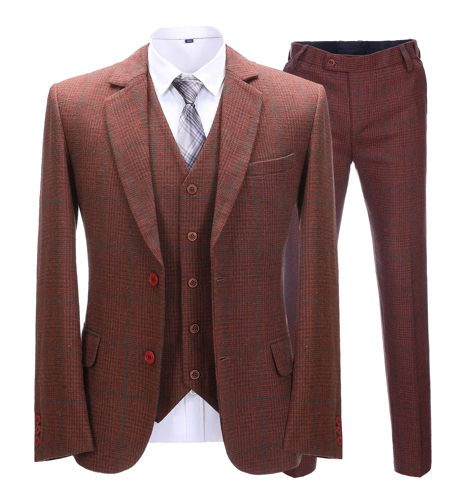 Men's Business 3 Pieces Formal Burgundy Plaid Tweed Notch Lapel Suit (Blazer+vest+Pants) sold by Mens Event Wear