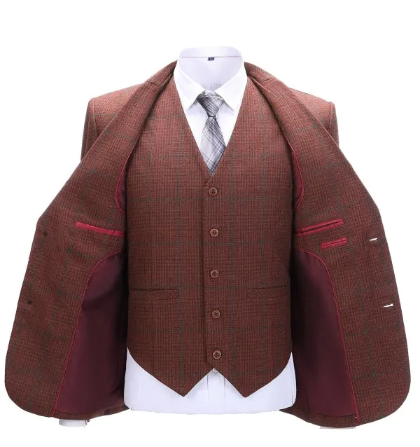 Men's Business 3 Pieces Formal Burgundy Plaid Tweed Notch Lapel Suit (Blazer+vest+Pants) sold by Mens Event Wear product image thumbnail 2