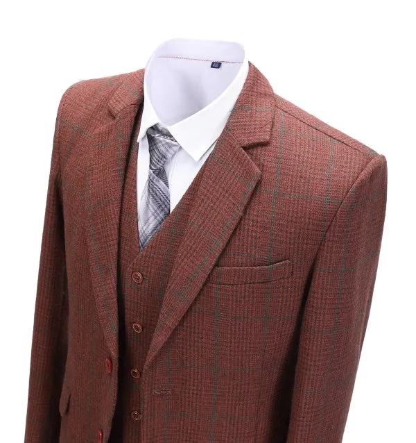 Men's Business 3 Pieces Formal Burgundy Plaid Tweed Notch Lapel Suit (Blazer+vest+Pants) sold by Mens Event Wear product image thumbnail 4