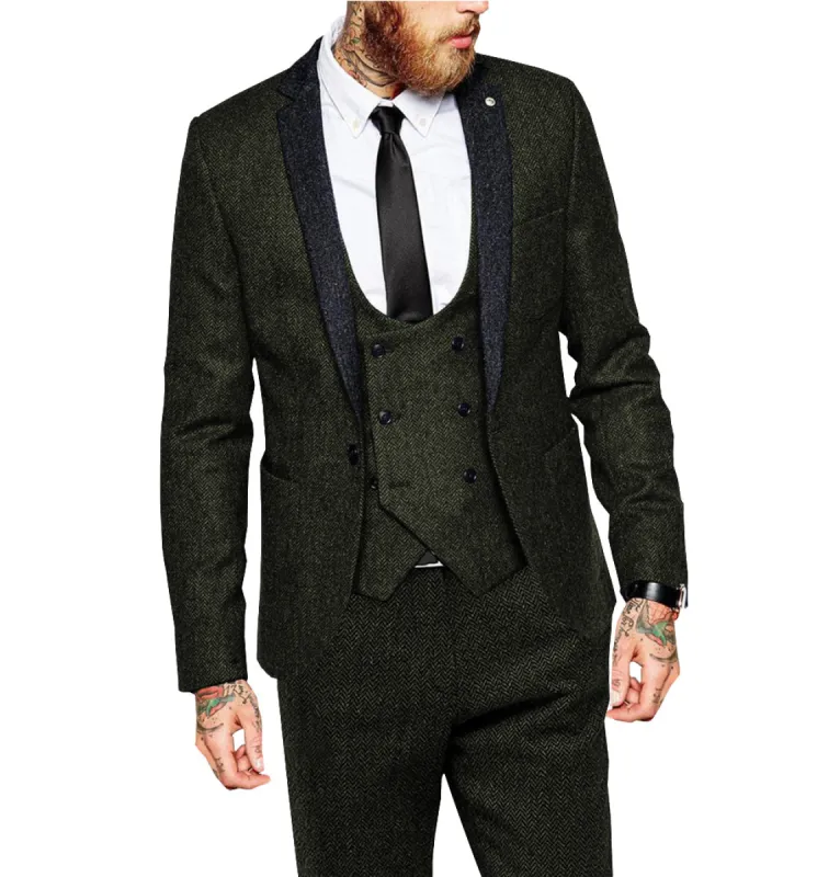 Vintage Classical 3 Piece Mens Suit Herringbone Notch Lapel Blazer (Blazer Vest+Pants) sold by Mens Event Wear