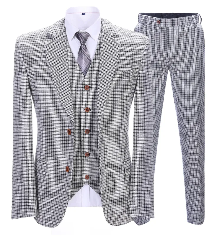 Men's Business 3 Pieces Formal Houndstooth Solid Notch Lapel Suit (Blazer+vest+Pants) sold by Mens Event Wear