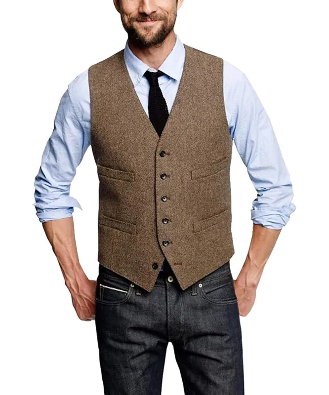 Casual Mens Classic Slim Fit Tweed Herringbone V Neck  Waistcoat sold by Mens Event Wear