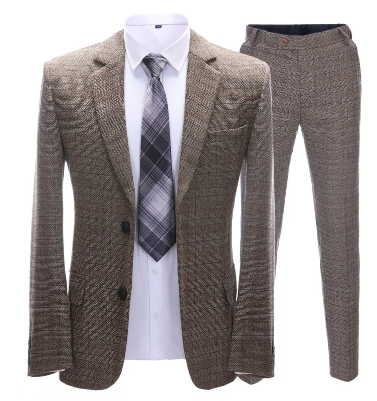 Mens Suit Business 2 Pieces Formal Brown Plaid Notch Lapel Tuxedos (Blazer+Pants) sold by Mens Event Wear