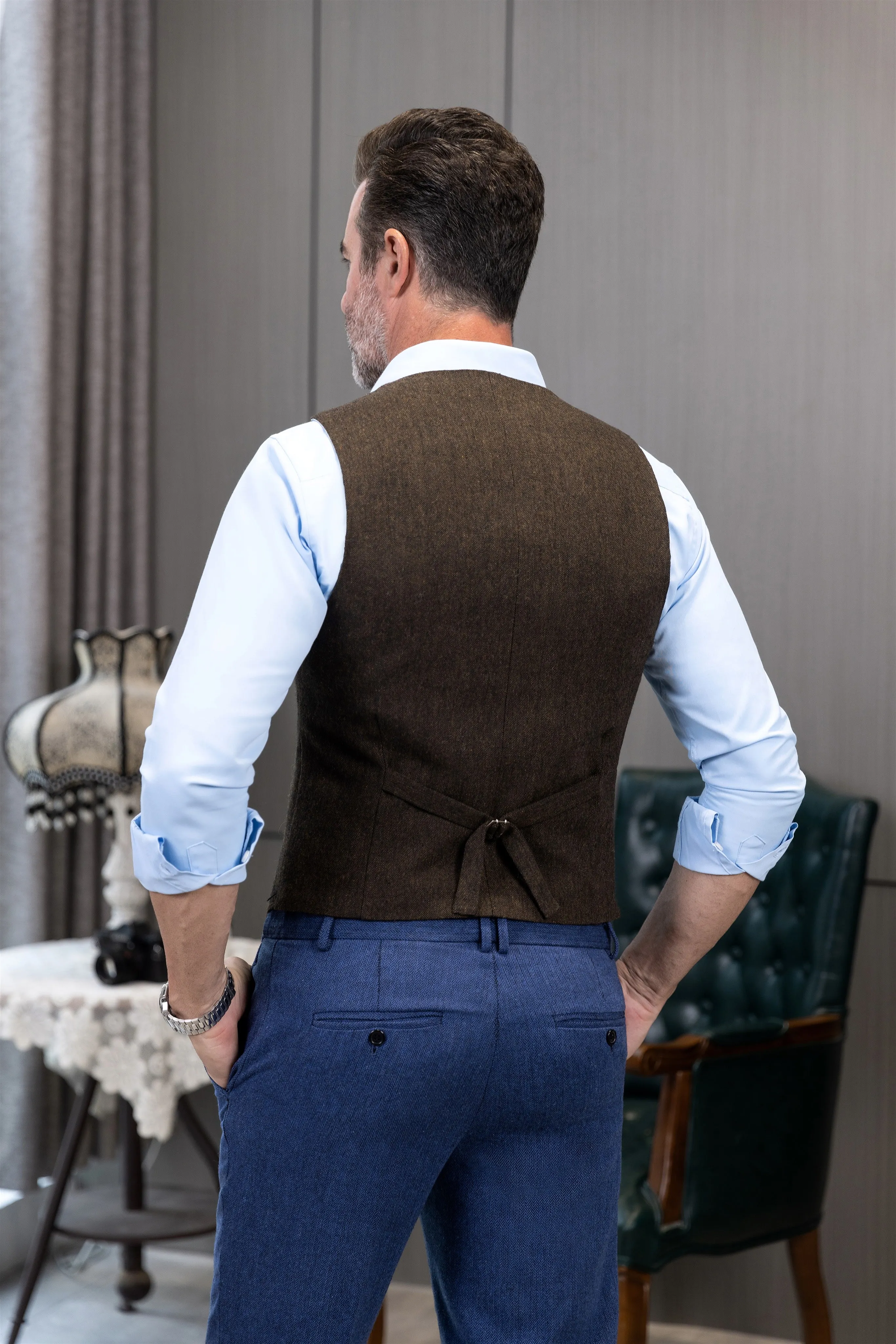 Casual Mens Classic Slim Fit Tweed V Neck Waistcoat sold by Mens Event Wear product image thumbnail 3