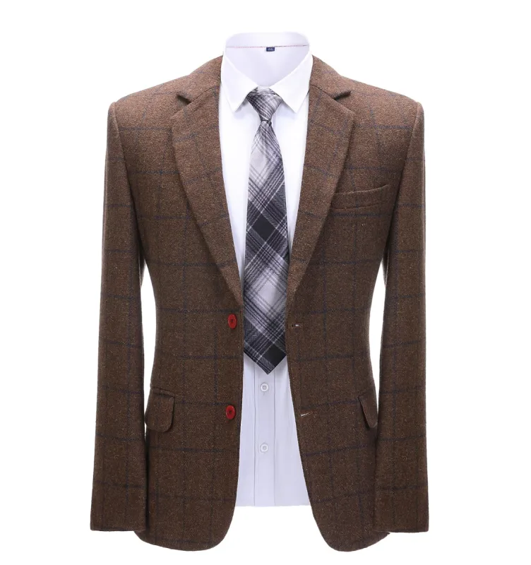 Menseventwear Formal Men's Coffee Plaid Notch Lapel Blazer sold by Mens Event Wear