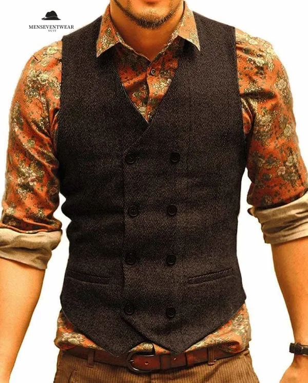 Menseventwear Casual Men's Slim Fit Double Breasted Tweed Herringbone V Neck Waistcoat sold by Mens Event Wear product image thumbnail 5