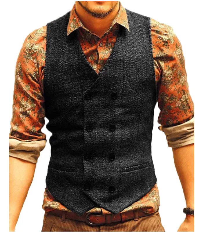 Casual Men's Slim Fit Double Breasted Tweed Herringbone V Neck Waistcoat sold by Mens Event Wear