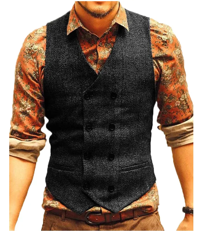 Menseventwear Casual Men's Slim Fit Double Breasted Tweed Herringbone V Neck Waistcoat sold by Mens Event Wear