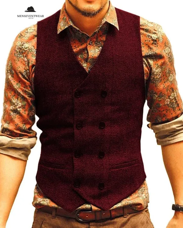 Menseventwear Casual Men's Slim Fit Double Breasted Tweed Herringbone V Neck Waistcoat sold by Mens Event Wear product image thumbnail 4