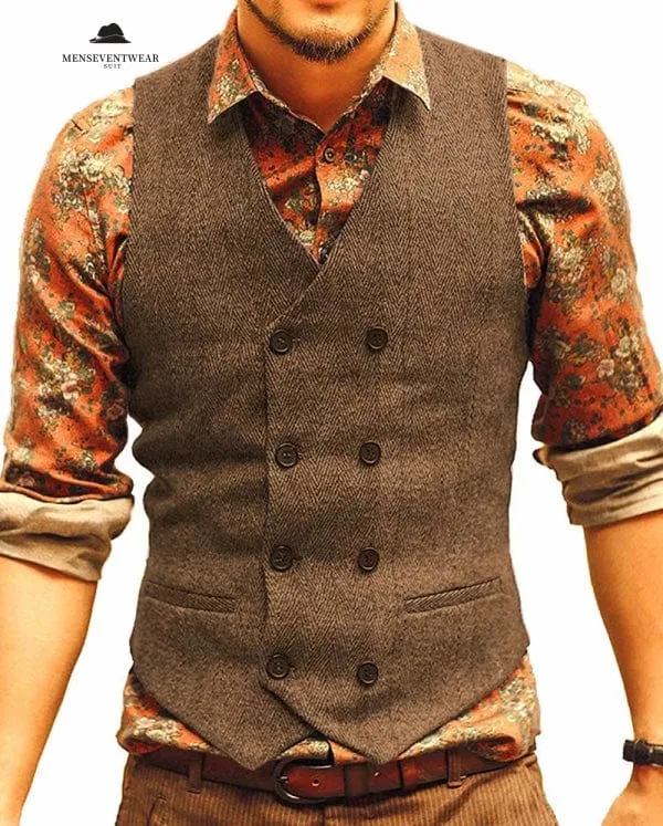 Menseventwear Casual Men's Slim Fit Double Breasted Tweed Herringbone V Neck Waistcoat sold by Mens Event Wear product image thumbnail 3