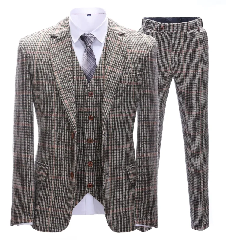 Men's Business 3 Pieces Formal Khaki Plaid Tweed Notch Lapel Suit (Blazer+vest+Pants) sold by Mens Event Wear