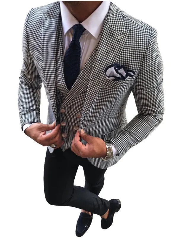 Casual Men's 3 Pieces Houndstooth Peak Lapel Tuxedos (Blazer+vest+Pants) made by Mens Event Wear