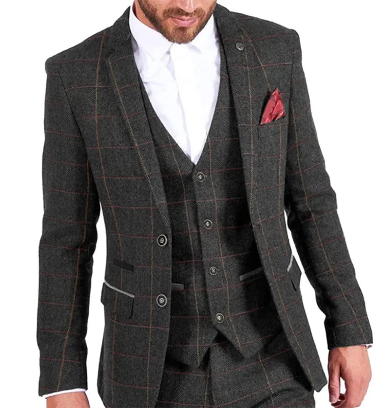 Vintage Classical Men's 3 Pieces Mens Herringbone Plaid Notch Lapel Suit (Blazer+vest+Pants) sold by Mens Event Wear