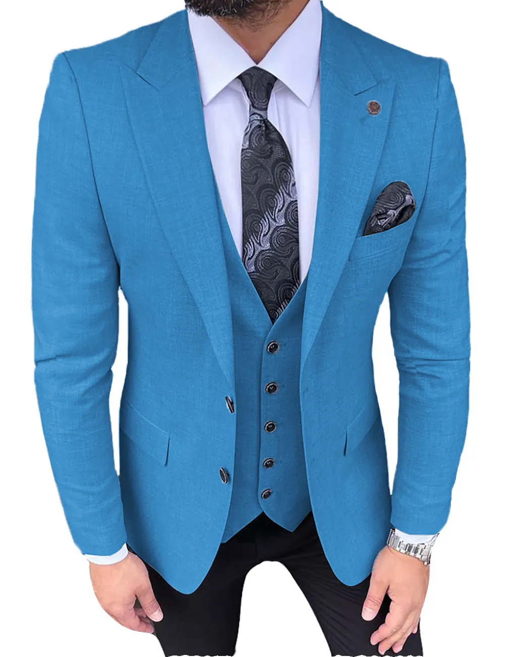 Formal Men's 3 Pieces Slim Fit Solid Color Peak Lapel Tuxedos (Blazer+vest+Pants) sold by Mens Event Wear product image thumbnail 5